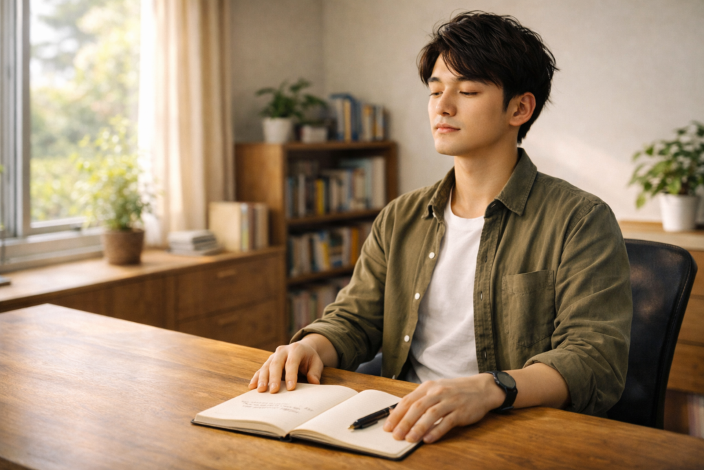 宣伝費をかけられない自営業者が、ノートに一行だけ書き出しながら作業の優先順位を整えている様子。お金を使わずに思考と集中力を立て直す方法を伝えるため。