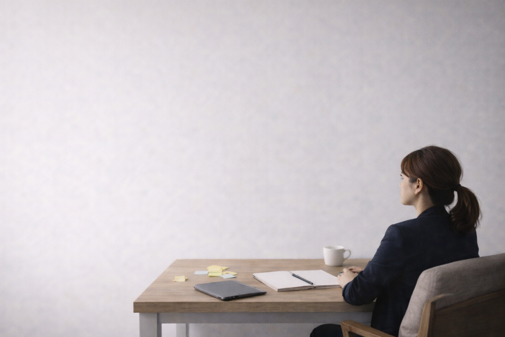 仕事量は落ち着いているのに思考が止まらず、心の整理ができない自営業者が机の前で考え込んでいる様子。余裕がないから行動できないわけではない心理状態を伝えるため。