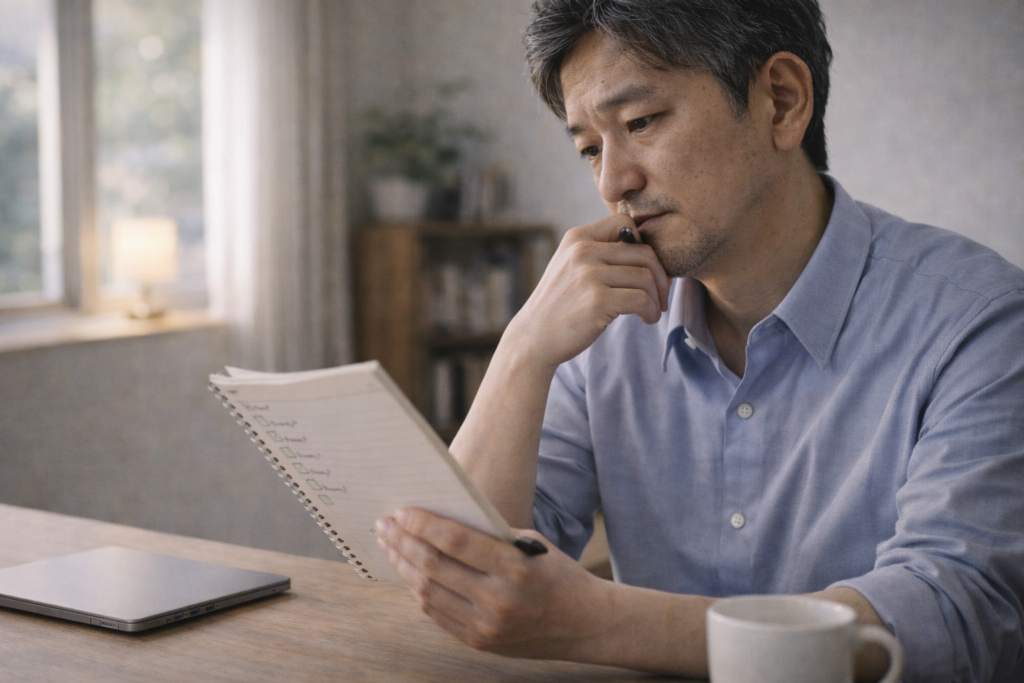 メンタルケアの重要性を理解している自営業・専門職の人が、書き留めたメモを見返しながら行動に移せず考え込んでいる様子。分かっているのに動けない心理を表現するため。