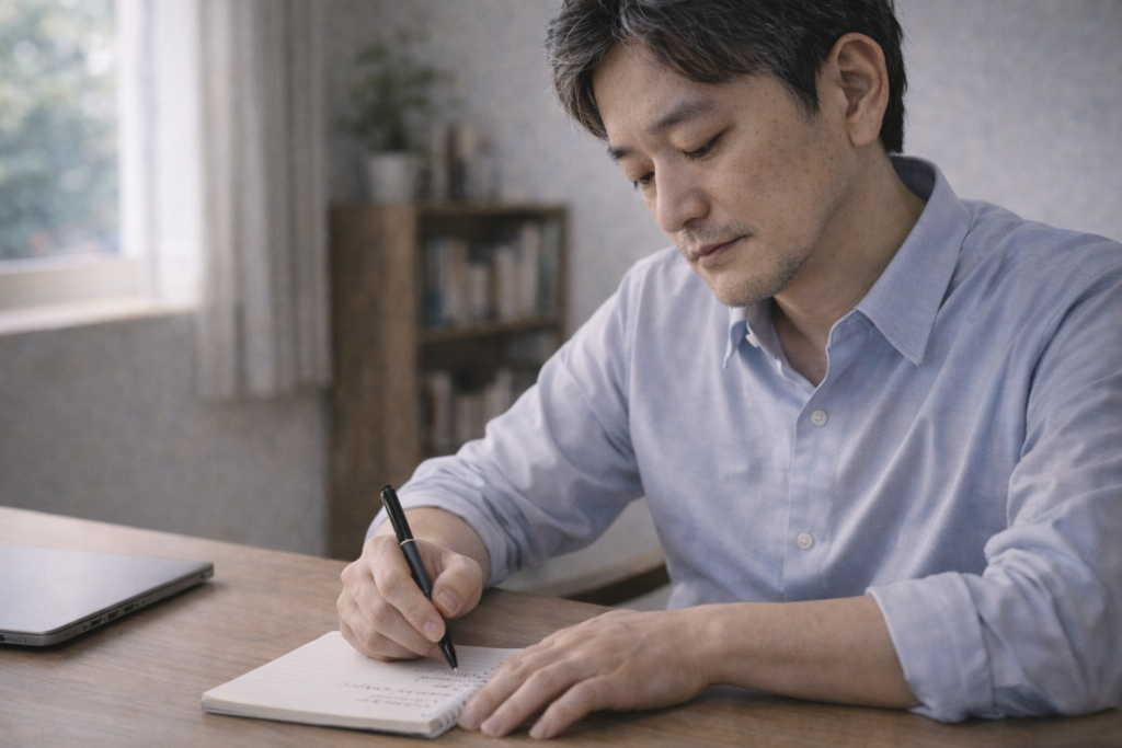 集中力が落ちている原因を整理するため、ノートに気になっていることを書き出している自営業者。精神的疲労による集中力低下を改善する第一歩を示すため。