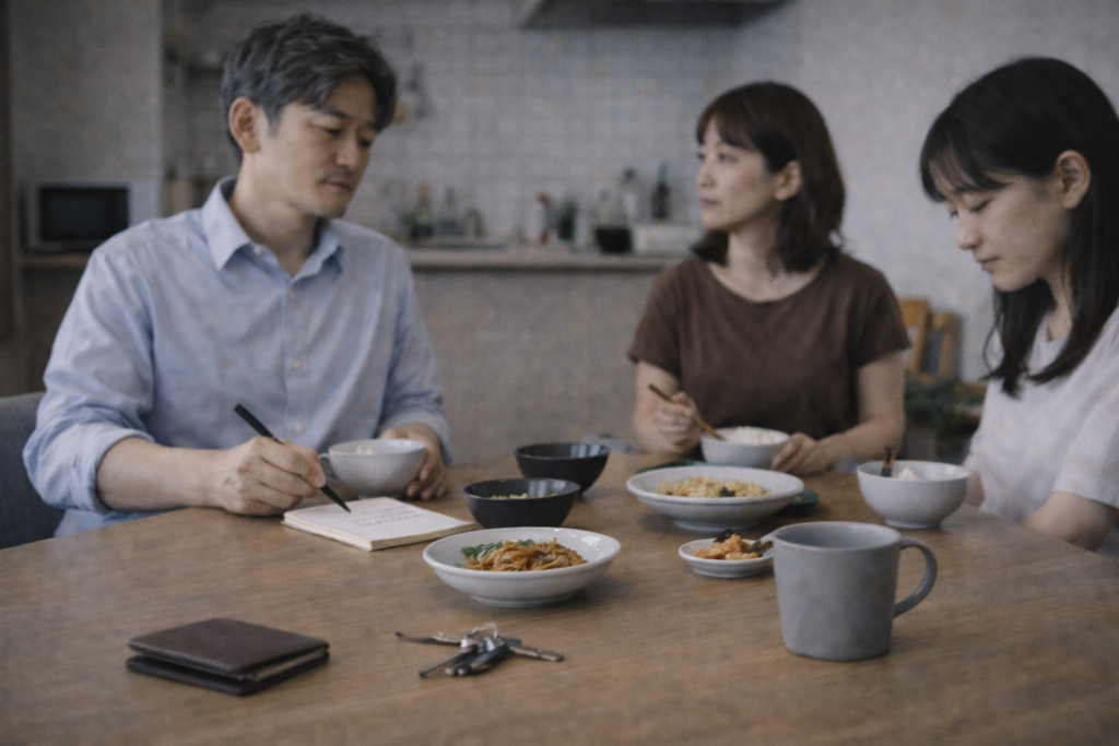 仕事から帰宅した専門職が家族と同じダイニングにいながら会話に入れない様子。家族コミュニケーション不足が気持ちの問題ではないことを示すため。