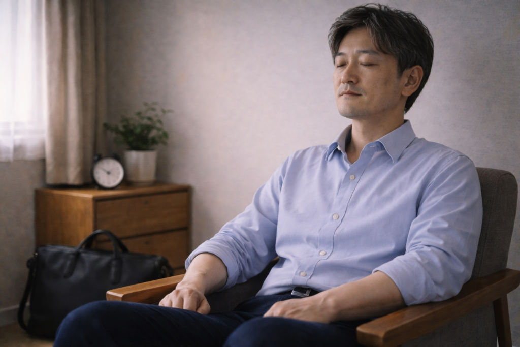 仕事モードから家庭モードへ切り替えるために自宅で静かに呼吸を整えている自営業者。家族との会話が自然に戻るための状態づくりを示すため。