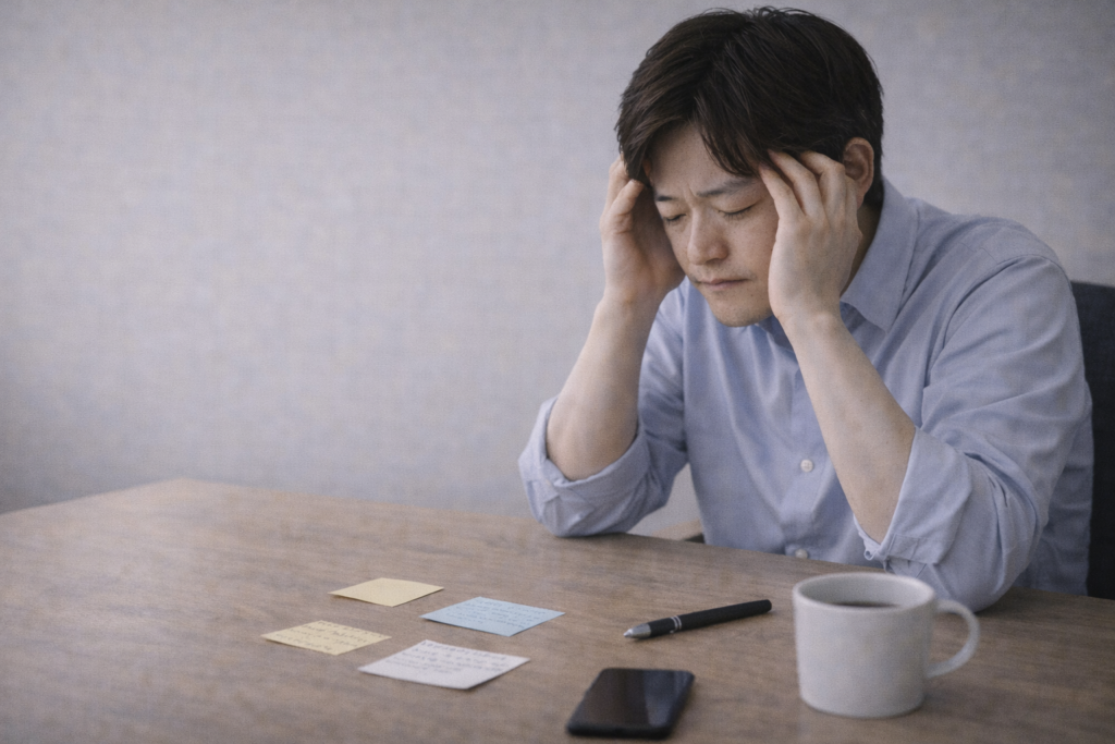専門職が複数の判断に意識を向けて手が止まっているデスクの様子。モチベーション低下の正体が判断疲れであることを伝えるため。