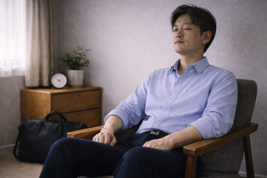 自営業者が自宅で椅子に座り呼吸を整えている様子。モチベーションを維持する方法として気合いではなく順序を整える必要性を示すため。