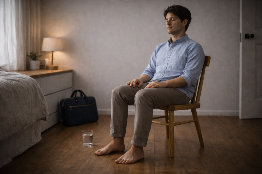 自宅で足裏を床につけて静かに座り、思考を止める時間を取る自営業の専門職。メンタルケアの方法が分からない状態から回復の入口に戻るため。

