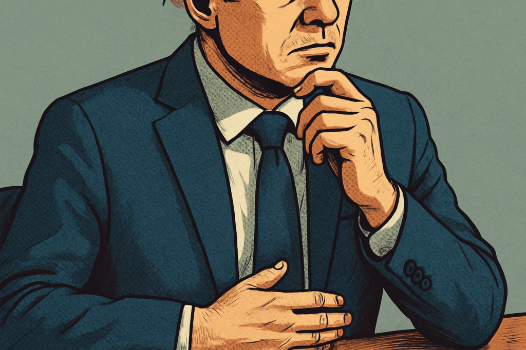 リーダーシップに迷いを感じている管理職が、喉やみぞおちに緊張を抱え判断の軸を失いかけている様子。統率力が揺らぐ原因を示す画像