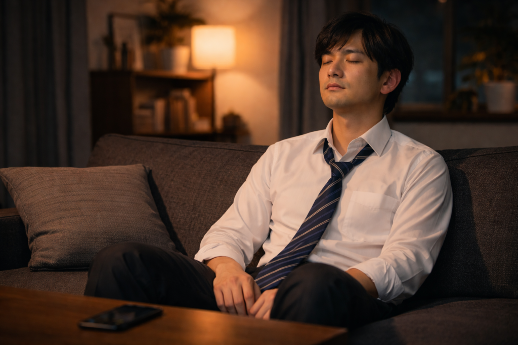 仕事終わりに椅子に座り目を閉じているビジネスパーソン。風邪を引きやすい原因となる回復のズレを整えるため、脳と体の切り替えを意識している場面。

