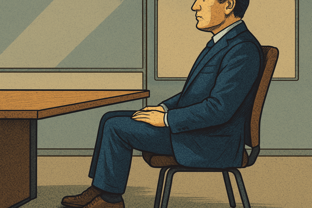 部下への指示や会議前に、リーダーシップに迷いを感じている管理職が判断の軸を整えようとしている様子。統率力を保つための準備動作を示す画像
